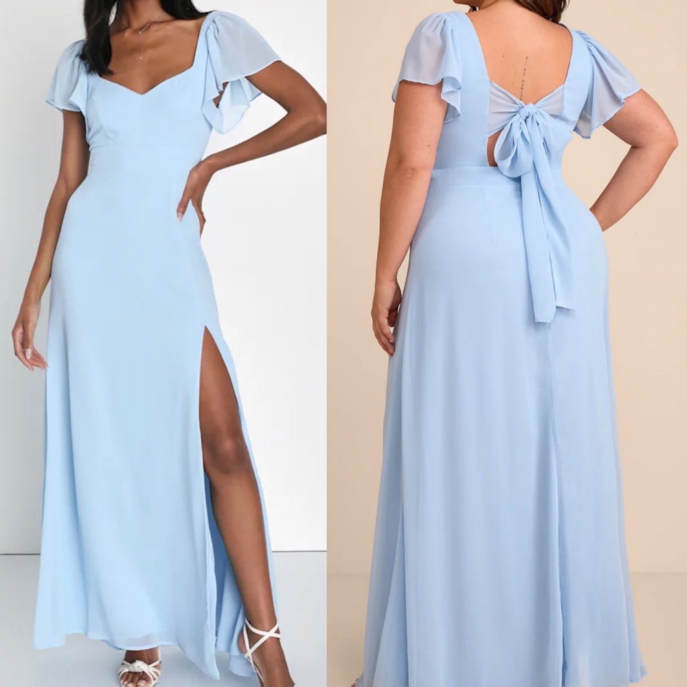 NWT Lulus Medium Simply Delightful Light Blue Tie-Back Flutter Sleeve Maxi Dress